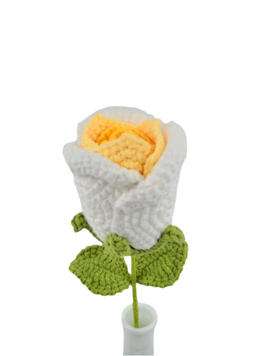 Crochet Flower - Large Wine Glass Shape Rose (White & Yellow)