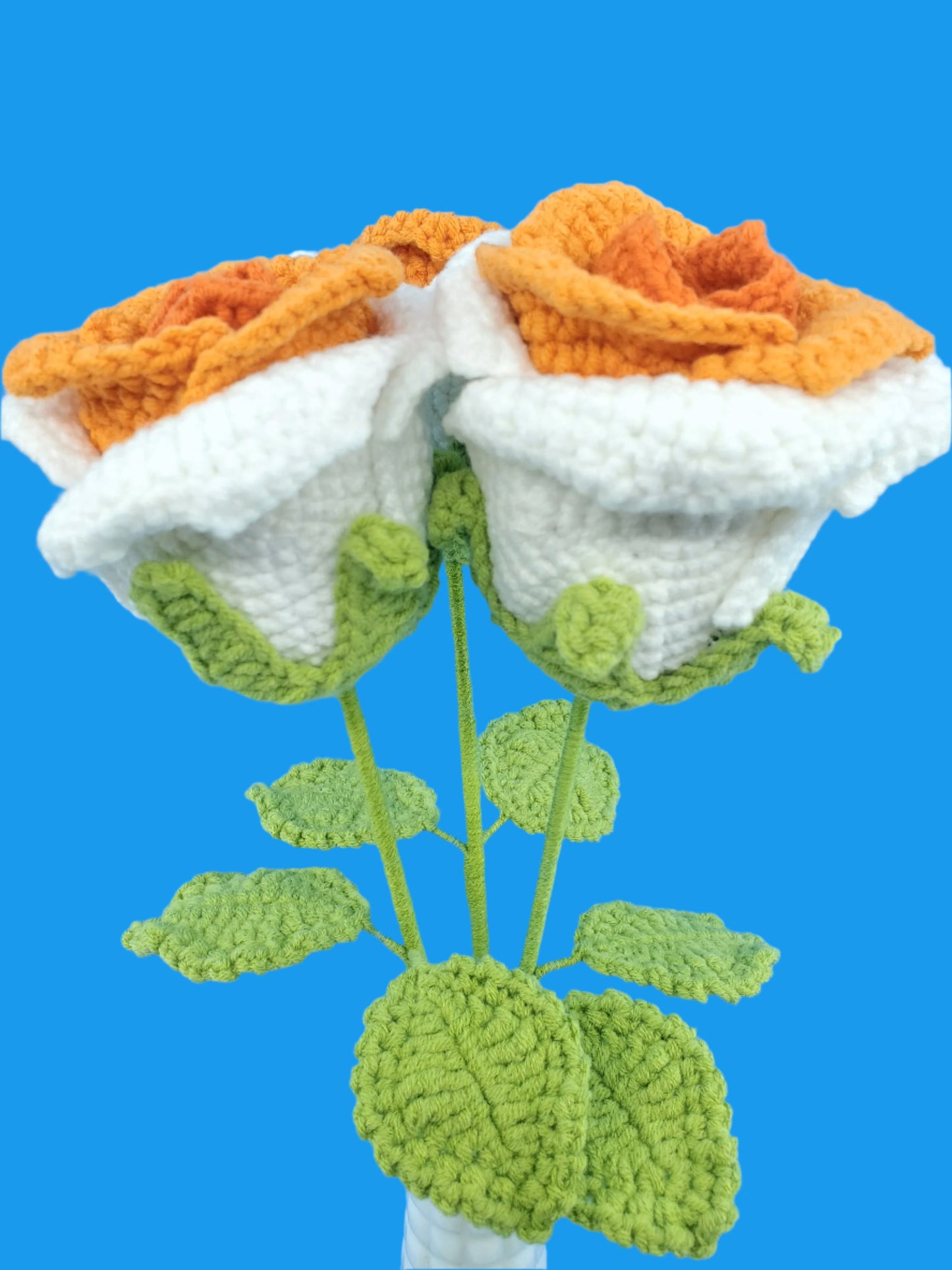 Crochet Flower - Large Wine Glass Shape Rose (White & Orange)