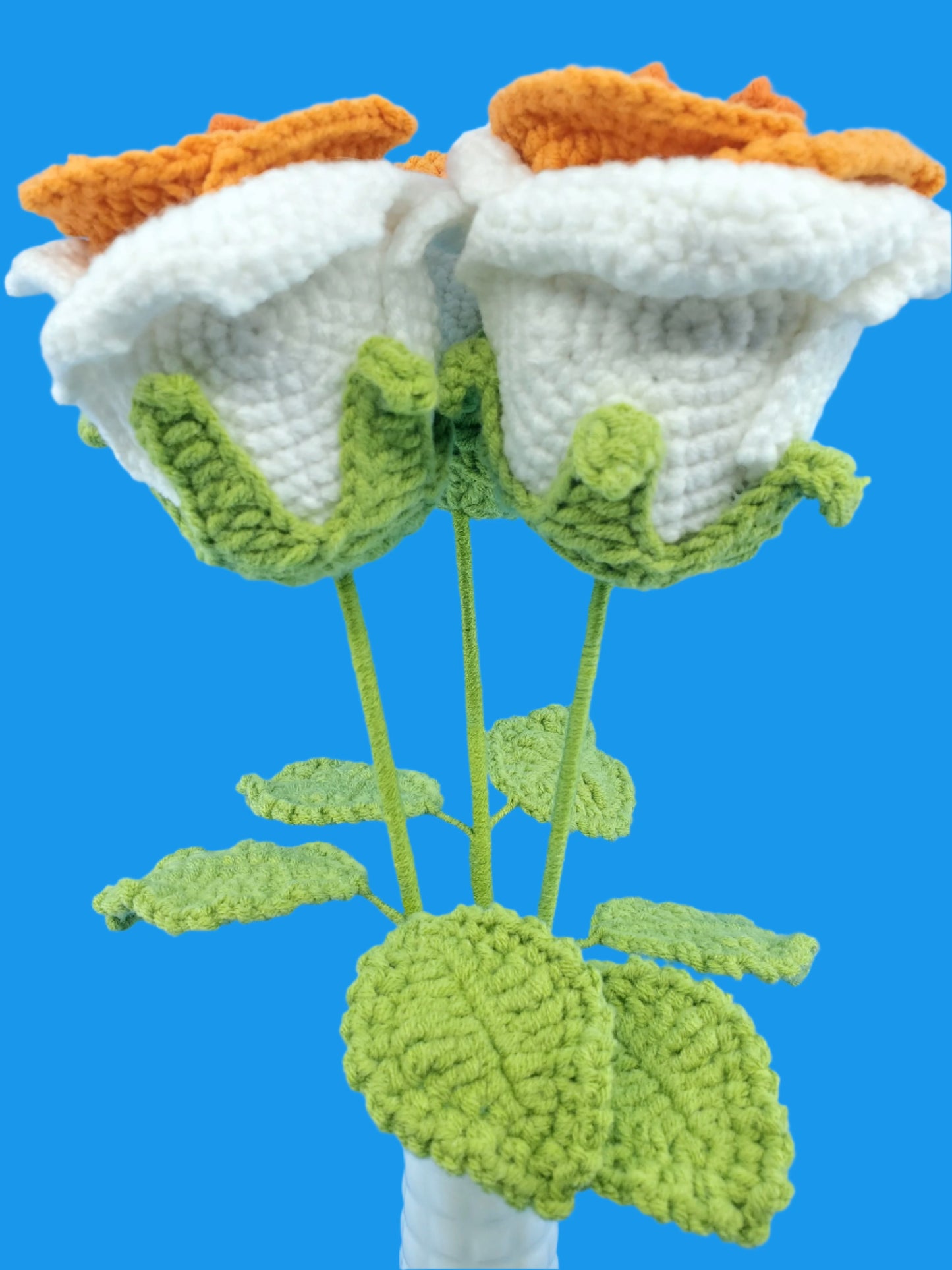 Crochet Flower - Large Wine Glass Shape Rose (White & Orange)