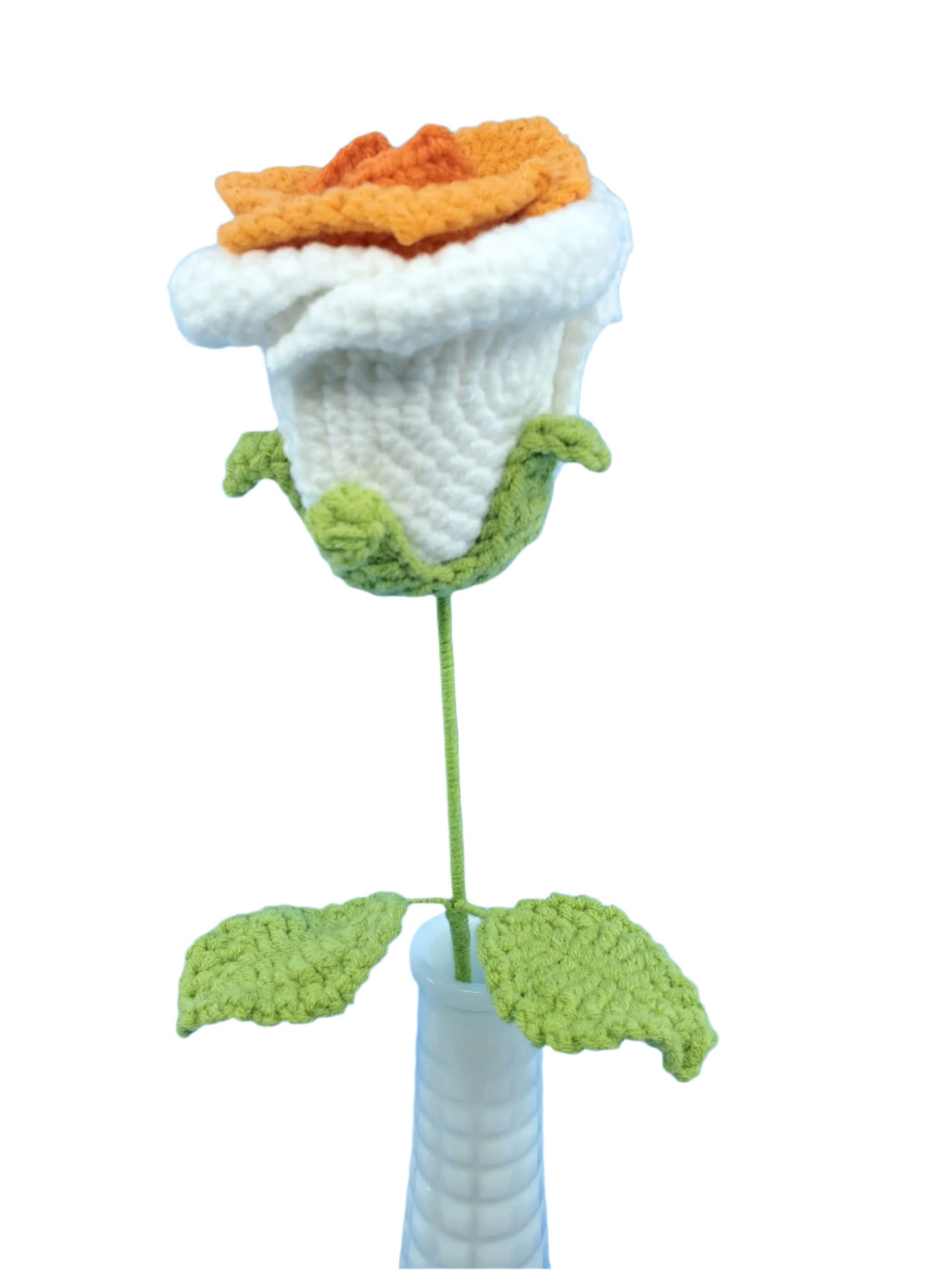 Crochet Flower - Large Wine Glass Shape Rose (White & Orange)