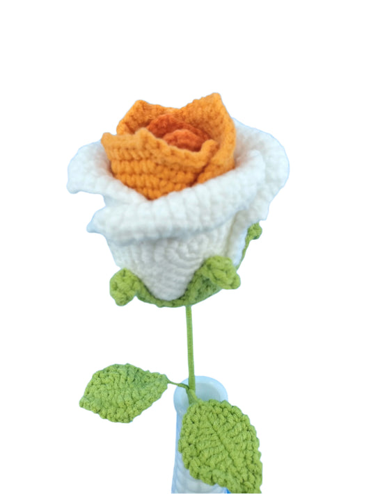 Crochet Flower - Large Wine Glass Shape Rose (White & Orange)