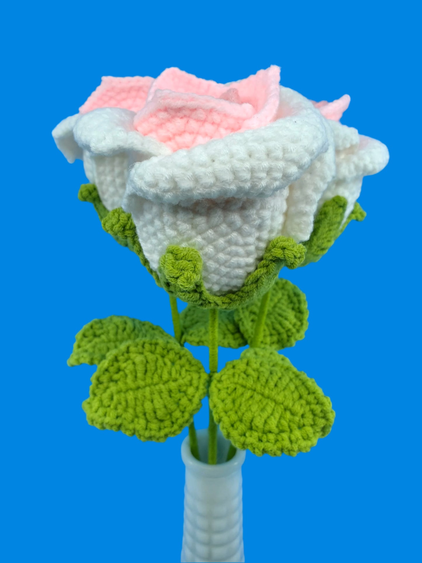 Crochet Flower - Large Wine Glass Shape Rose (White & Pink)