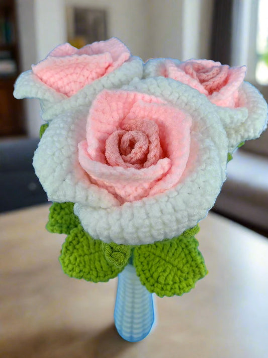 Crochet Flower - Large Wine Glass Shape Rose (White & Pink)