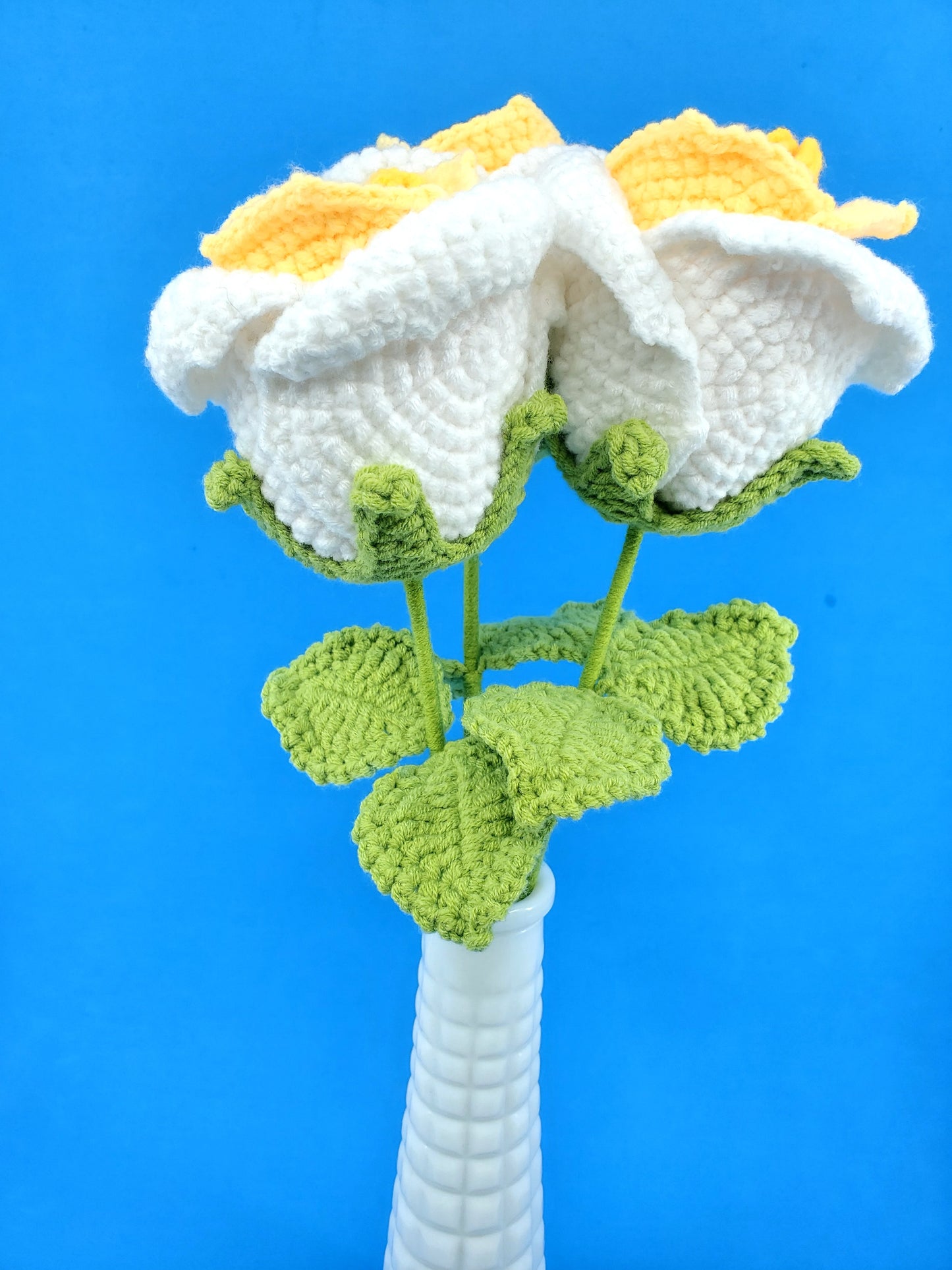 Crochet Flower - Large Wine Glass Shape Rose (White & Yellow)
