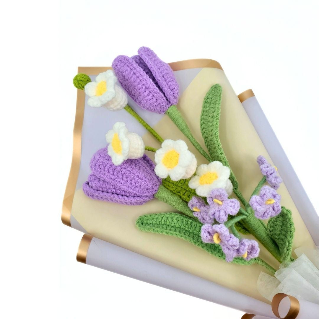 Crocheted flowers on a white background