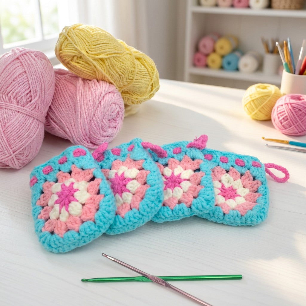 Three crocheted granny squares with yarn and a crochet hook on a table.