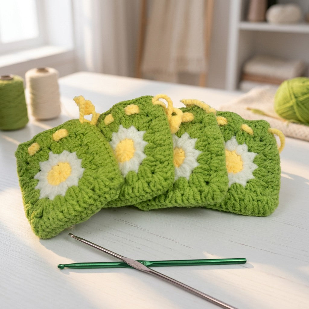 Green crocheted coasters with daisy patterns on a light surface, with crochet tools and yarn in the background.