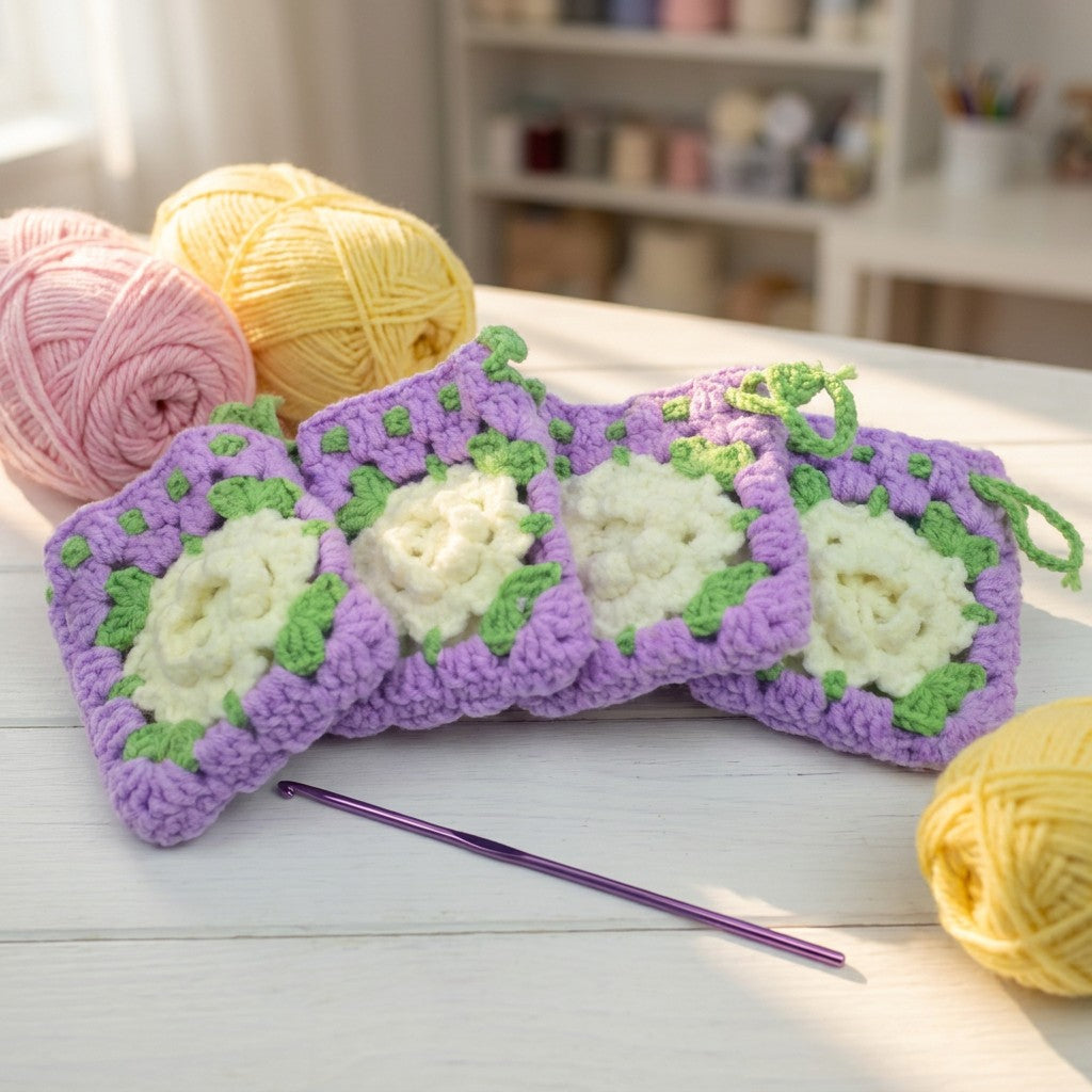 Crocheted blanket with purple and white flowers, surrounded by yarn and a crochet hook on a wooden surface.