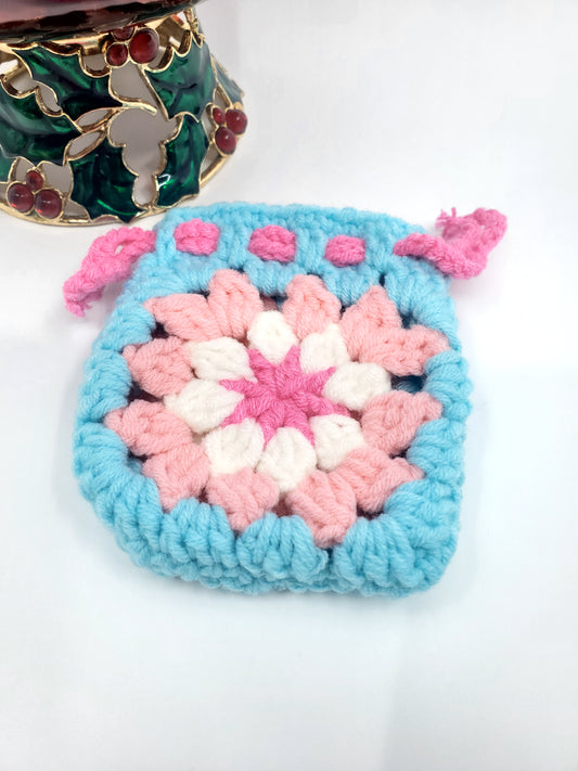 Floral Mini Coin Purse - Aqua Blue & Pink