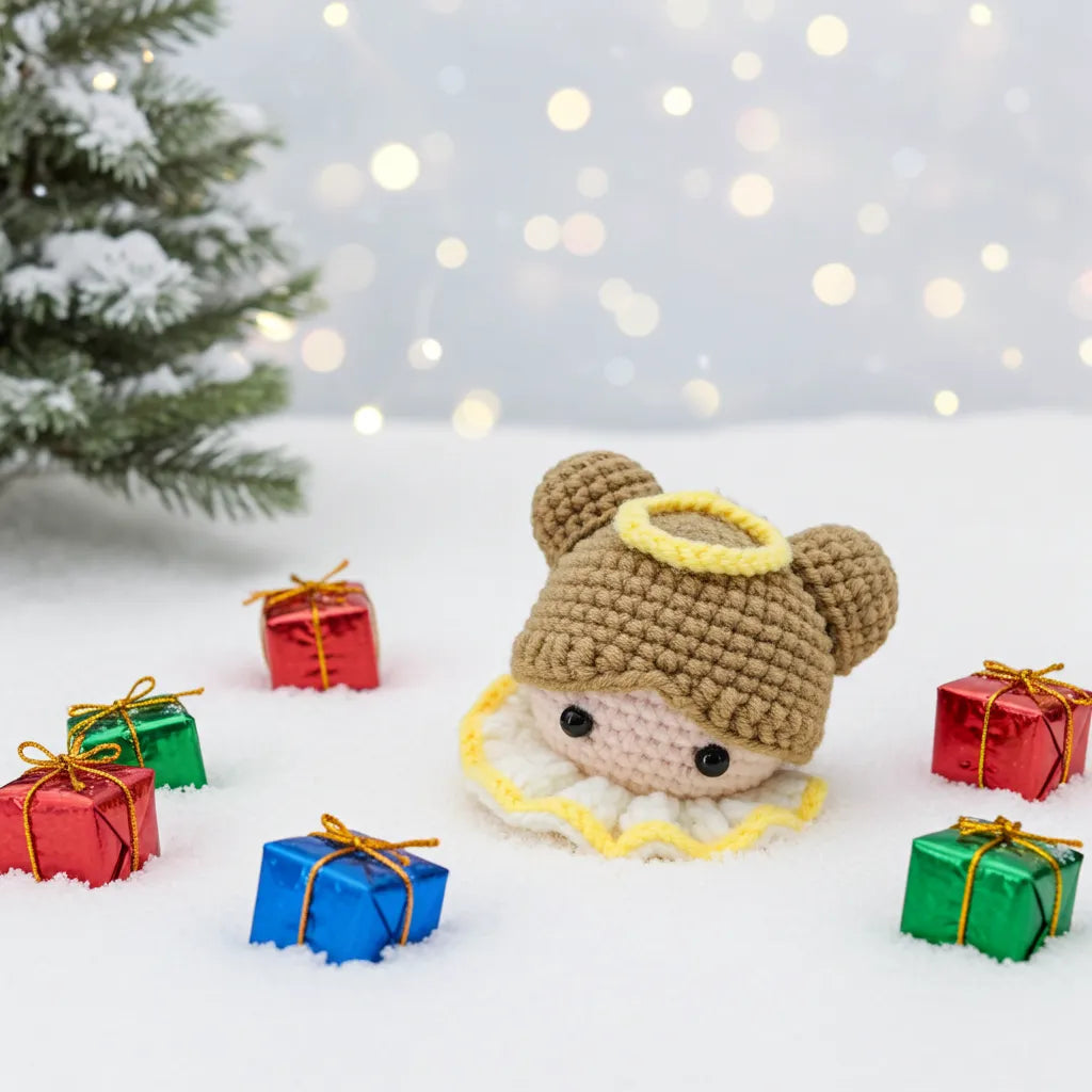 Crocheted angel toy with a halo surrounded by small Christmas presents on a snowy background with lights.