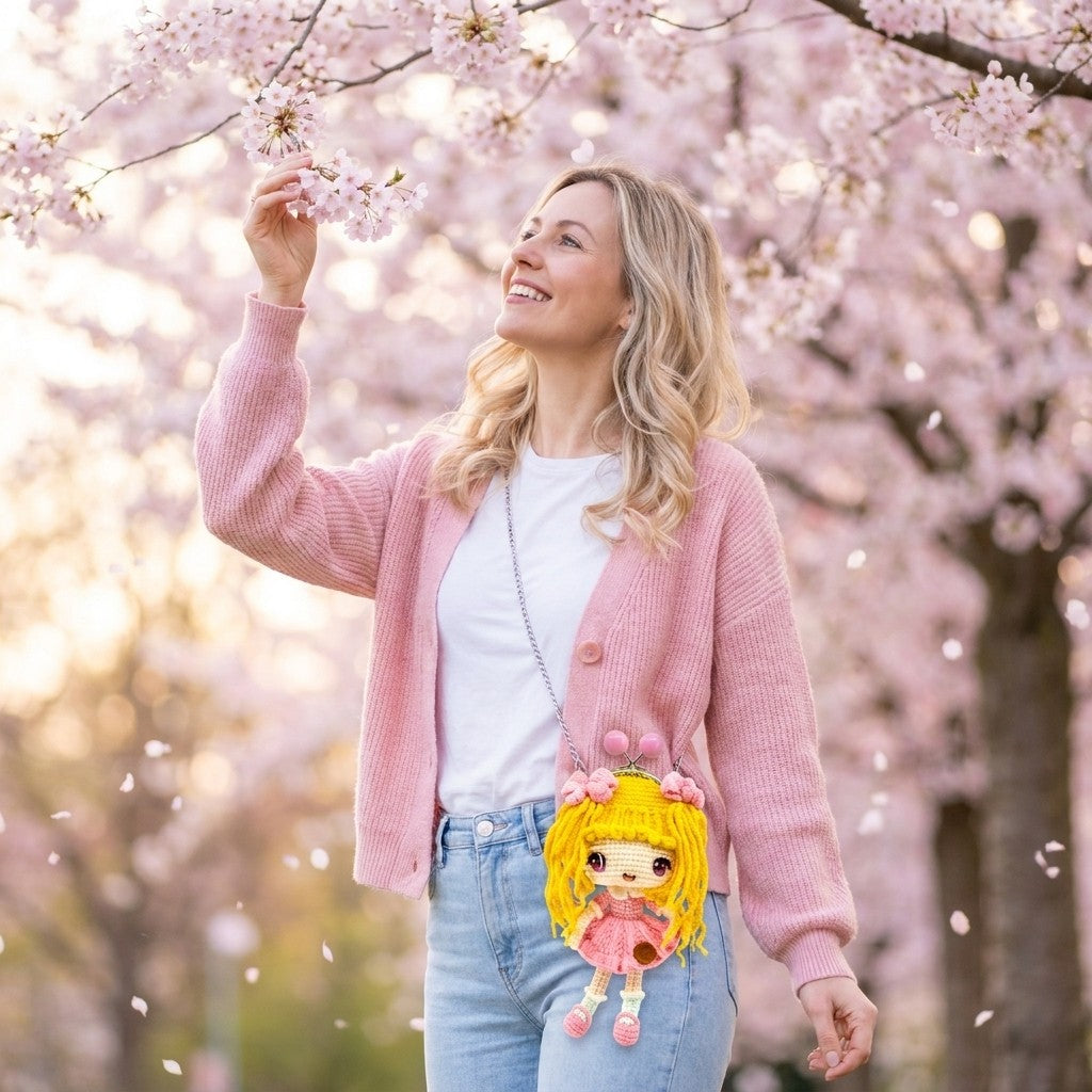 Woman in a pink cardigan with a doll purse under cherry blossom trees