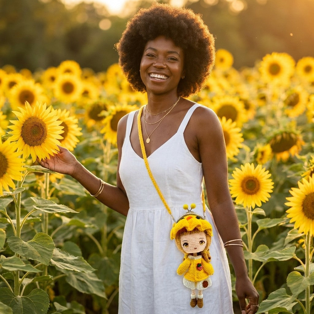 Woman in a white dress standing in a sunflower field with a doll purse on her shoulder.