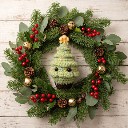 A festive Christmas wreath made of green pine branches and eucalyptus leaves, decorated with red berries, pinecones, gold bells, and a Handmade crochet Christmas tree ornament by YarnYummies in the center, set against a light wood plank background.