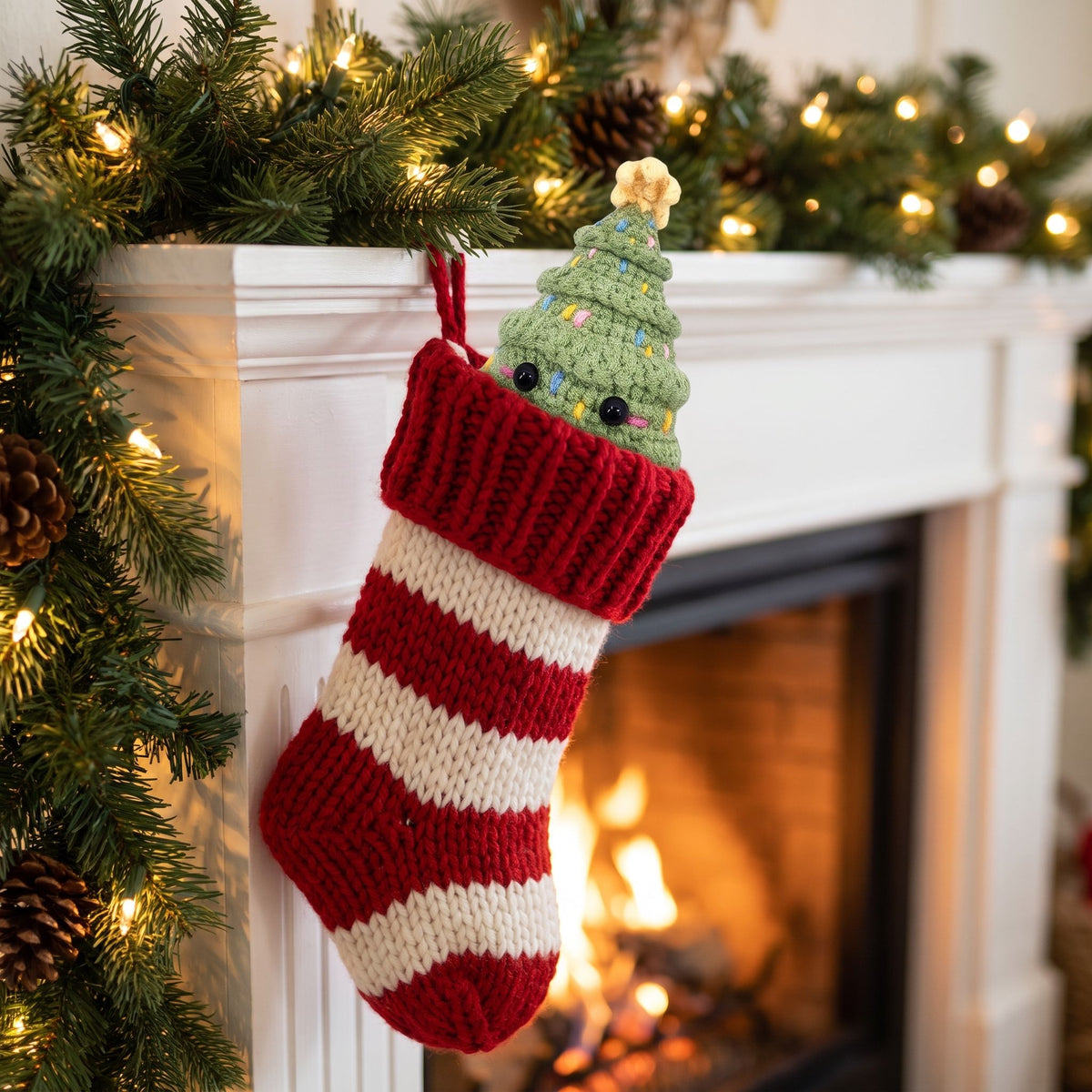 A knitted Christmas stocking with red and white stripes hangs from a white fireplace mantel decorated with green garland, pinecones, and warm string lights. A Handmade crochet Christmas tree ornament by YarnYummies peeks out from the top of the stocking.