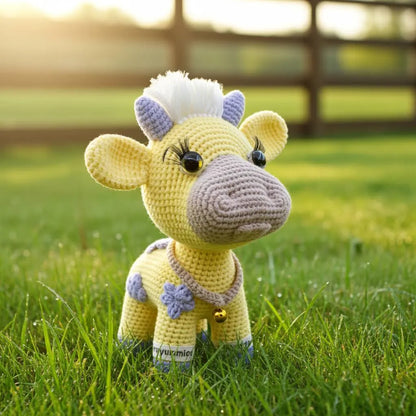 Crocheted cow toy in a grassy field with a wooden fence in the background