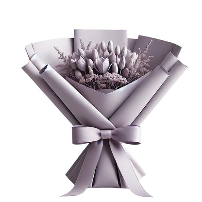 A bouquet of yarn blooms wrapped in gray paper with a ribbon, following a complimentary wrapping service for flowers.