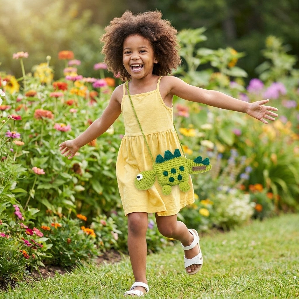 Child in a yellow dress with a green dinosaur designed bag standing in a garden with flowers.