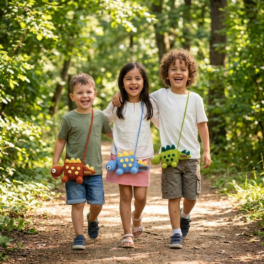Three children walking together in a forest with dinosaur-shaped bags.