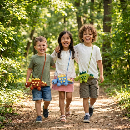 Three children walking together in a forest with dinosaur-shaped bags.
