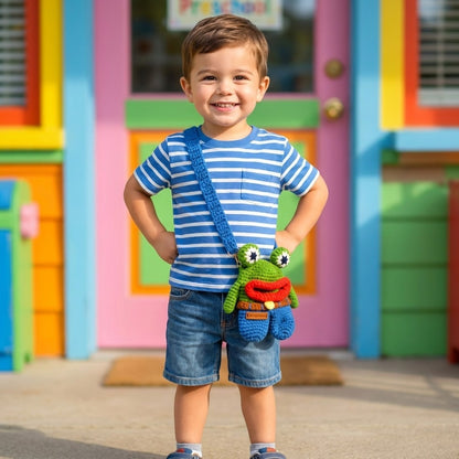 Child with a striped shirt and shorts standing in front of a colorful building with colorful frog designed crossbody bag 