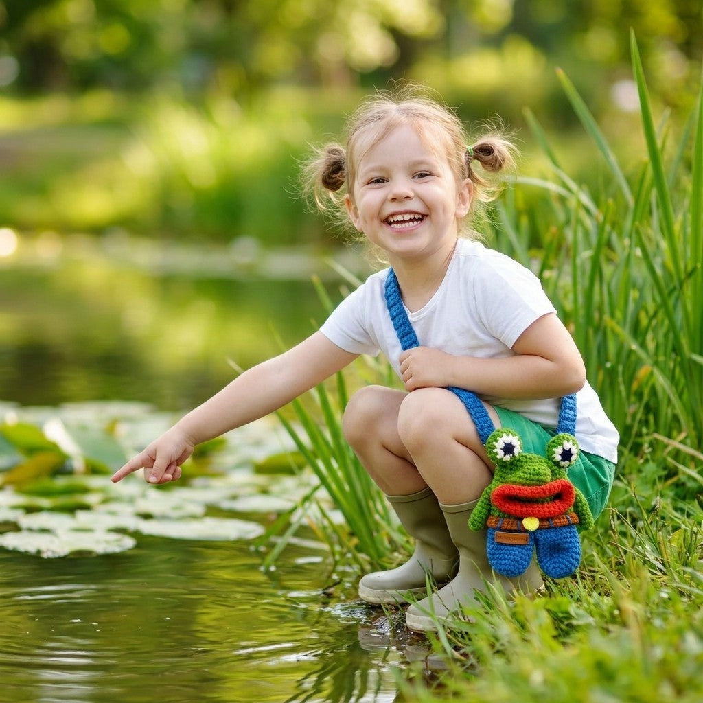 Child in green shorts with a frog designed crossbody bag, sitting by a pond in a natural setting.