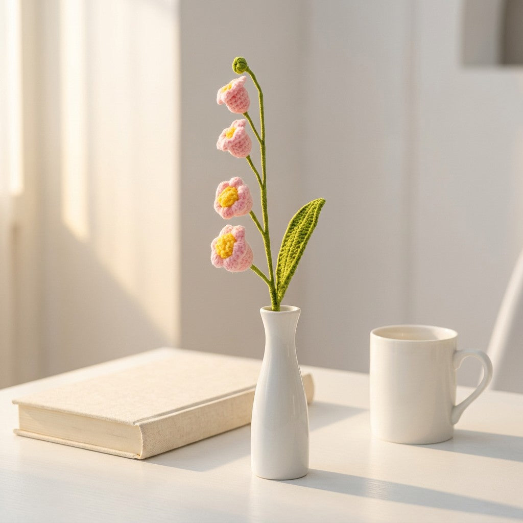 Small white vase with pink crochet flower on a table next to a book and a mug.