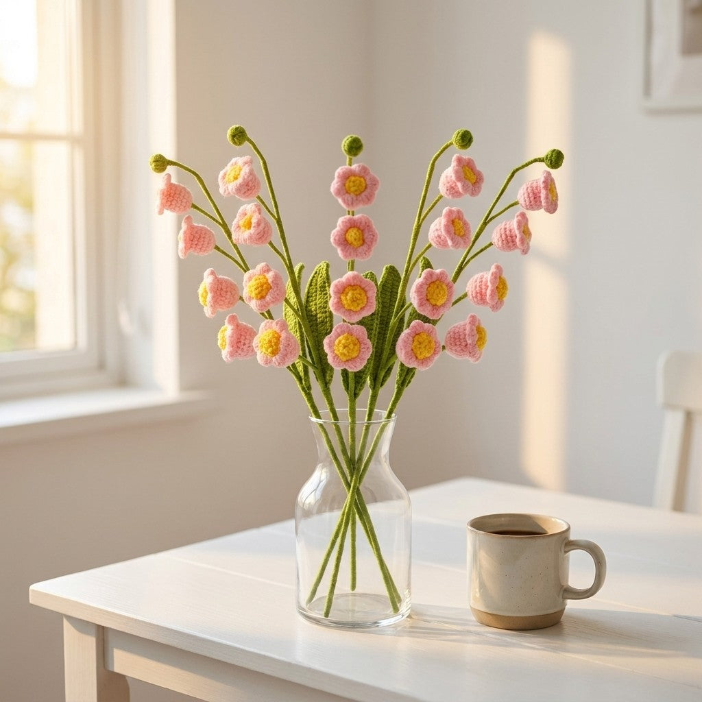Knitted pink May bells flowers in a clear vase on a table with a cup of coffee.