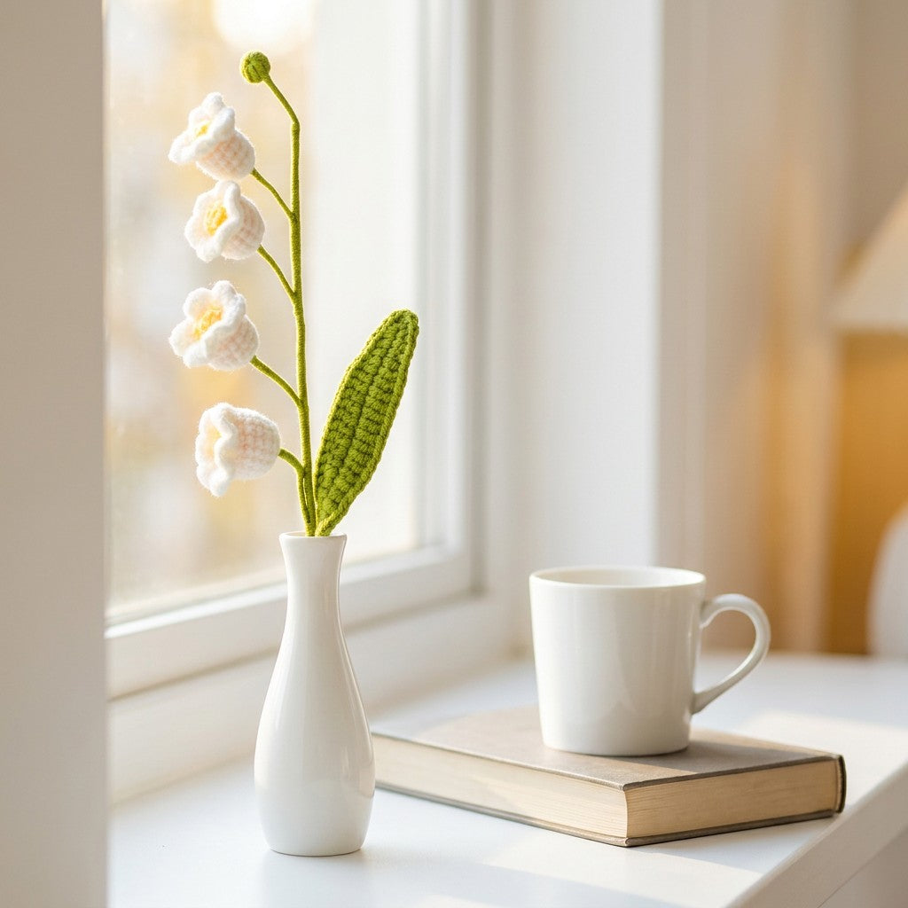 White vase with crocheted white may bells flowers, white mug, and book on a windowsill