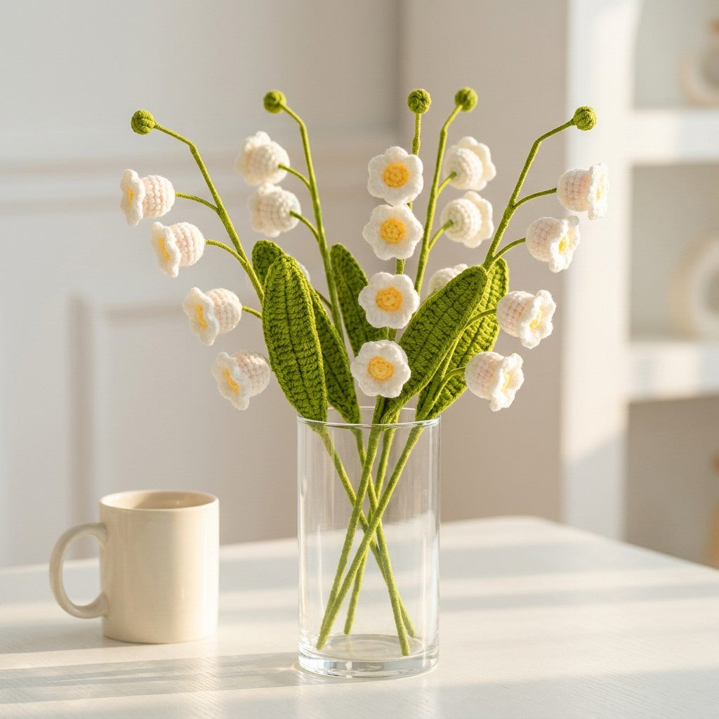 Knitted flower bouquet in a clear vase on a white surface with a blurred background
