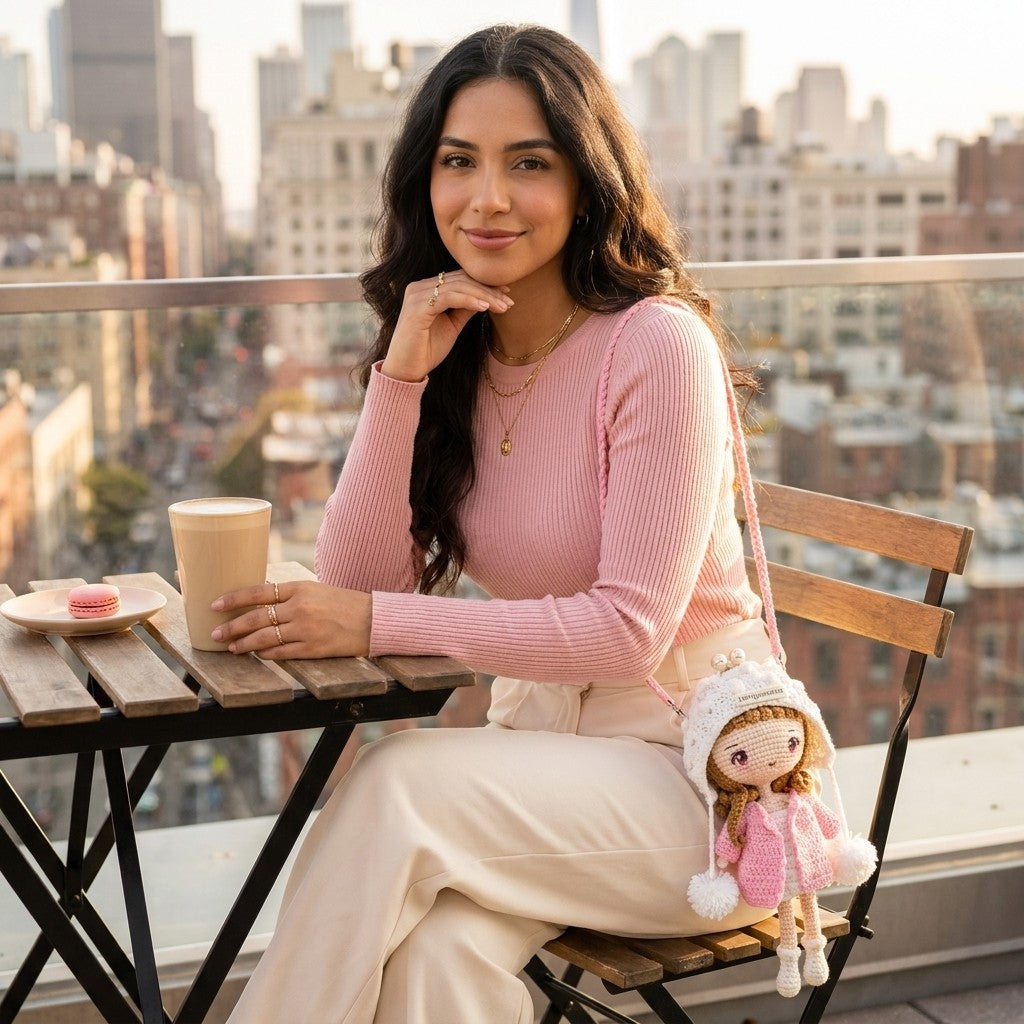 Woman sitting on a rooftop with a cityscape view, holding a coffee cup and carrying a doll bag on shoulder.