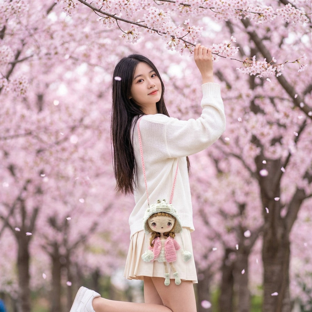 Woman standing under cherry blossom trees holding a branch, with a doll bag over her shoulder.