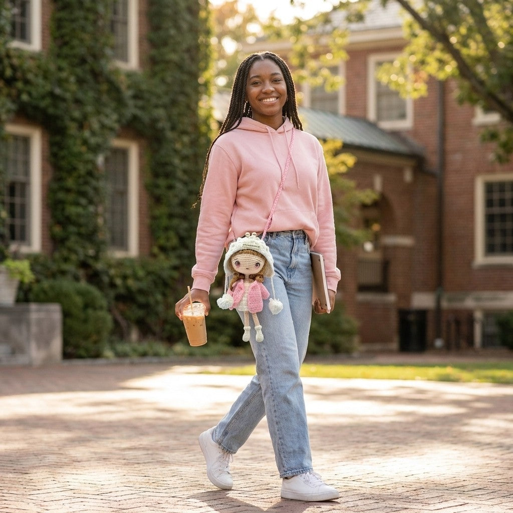 Person in pink hoodie and jeans holding a coffee cup and doll, standing on a brick path with a building in the background.