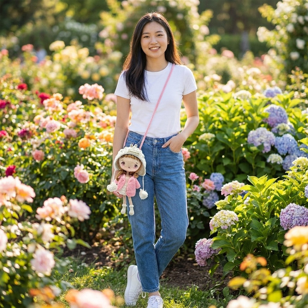 Woman carrying a crossbody doll bag in a garden with flowers