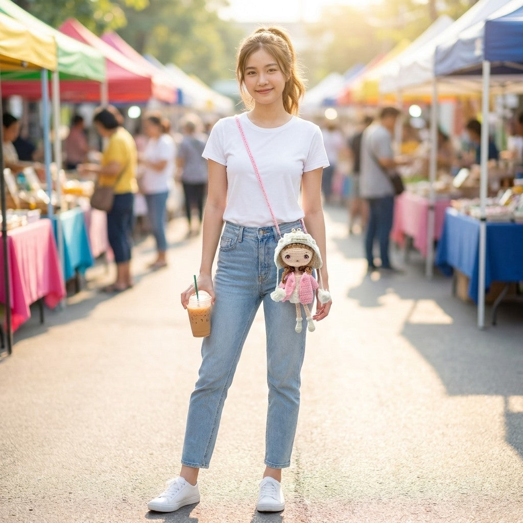 Woman holding a drink and carrying a crossbody doll bag at an outdoor market.