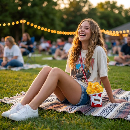 Woman sitting on a blanket with popcorn designed bag at an outdoor event