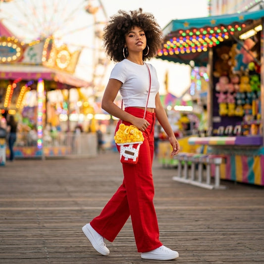 Woman in red pants and white top at a carnival with popcorn designed bag.