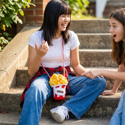 Two young women sitting on steps outdoors, with a popcorn designed bag.