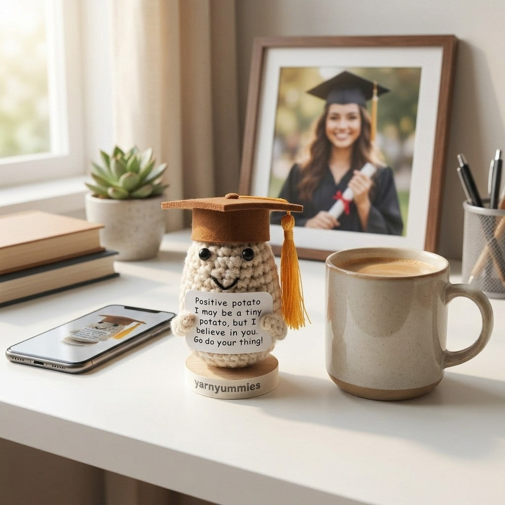 Decorative crocheted positive potato character plush with graduation cap on a desk with a mug, phone, and framed photo in the background.