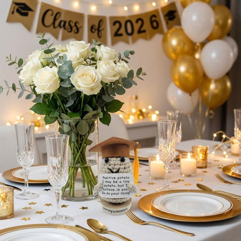 Graduation-themed table setting with flowers, balloons, and a crocheted positive potato character plush.