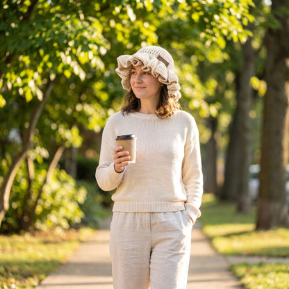 Woman walking on a tree-lined path holding a coffee cup and wearing a cream handmade crochet ruffled brim bucket hat by YarnYummies
