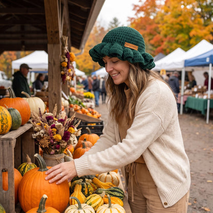 Woman wearing a green handmade crochet ruffled brim bucket hat by YarnYummies while browsing pumpkins at an autumn farmers market