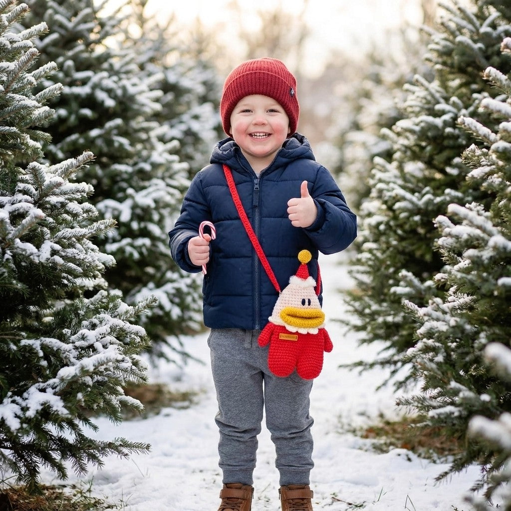 Child in a snowy forest with Christmas trees, wearing a blue jacket, red hat, crocheted santa crossbody bag and gloves, giving a thumbs-up.