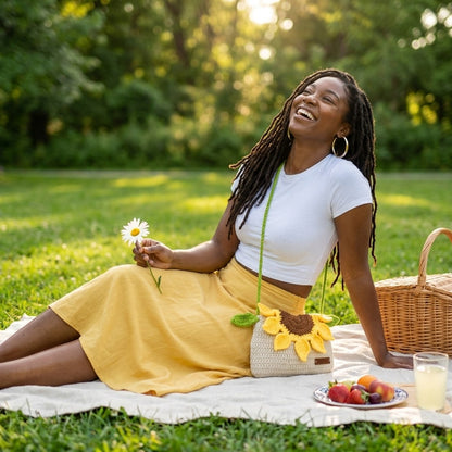 Woman sitting on a picnic blanket in a park holding a flower and a sunflower-patterned bag.