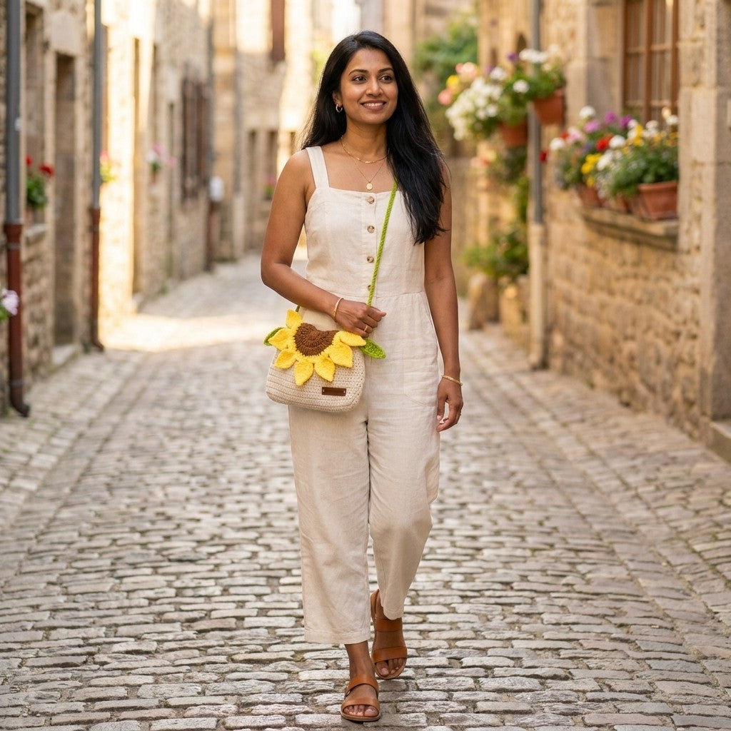 Woman in a white outfit with a sunflower bag walking down a cobblestone street.