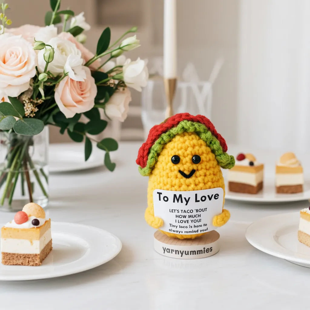 Crocheted taco-shaped figurine with a message on a table with desserts and flowers
