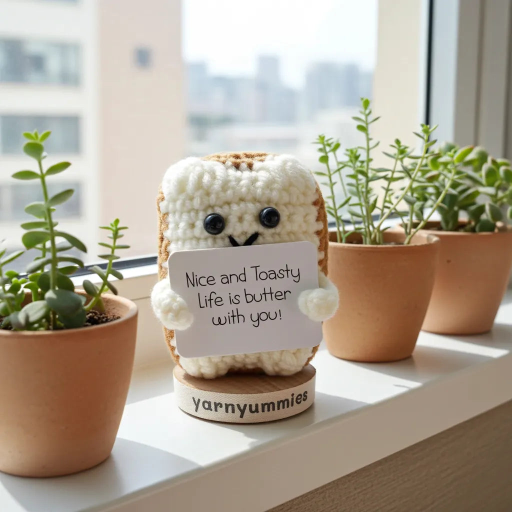 Crocheted bread character with a sign in front of potted plants