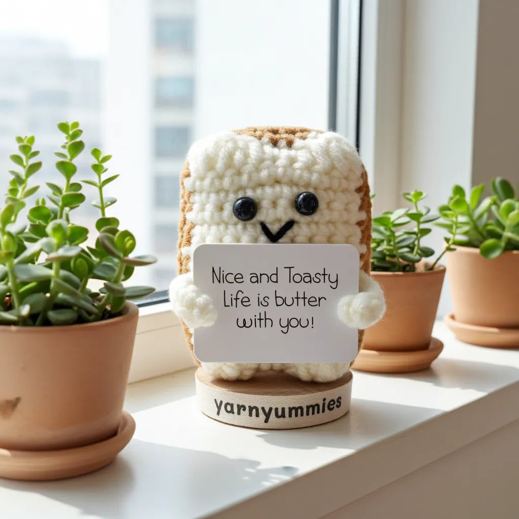 Crocheted bread character with a sign and 'yarnyummies' branding, surrounded by plants.