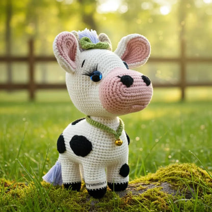 Crocheted cow plushie with a green bow in a grassy outdoor setting