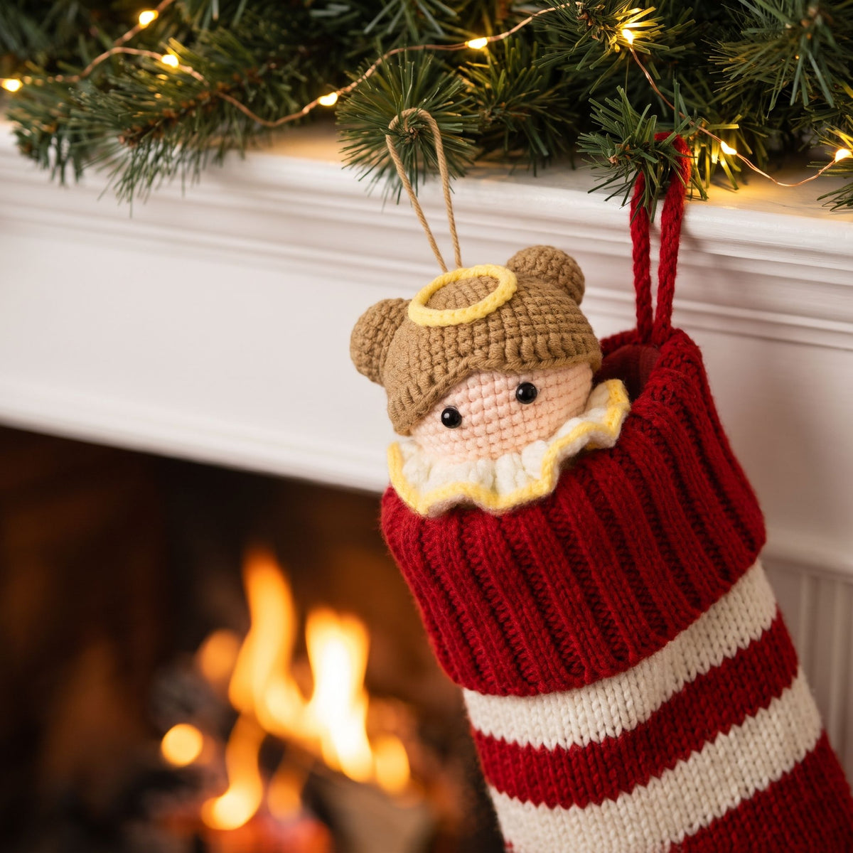 A knitted Christmas stocking ornament hanging from a white fireplace mantel with a warm fire burning below and pine garland with string lights above. Handmade crochet angel head ornament by YarnYummies front view with a cream ruffled collar, and a peach crocheted face wearing a tan hat with a yellow halo is peeking out of the stocking.