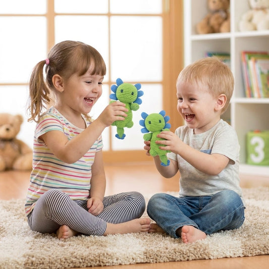 Handmade Axolotl Rattle — Green & Blue